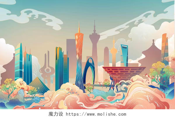 国潮蓝色城市建筑原创插画海报背景素材